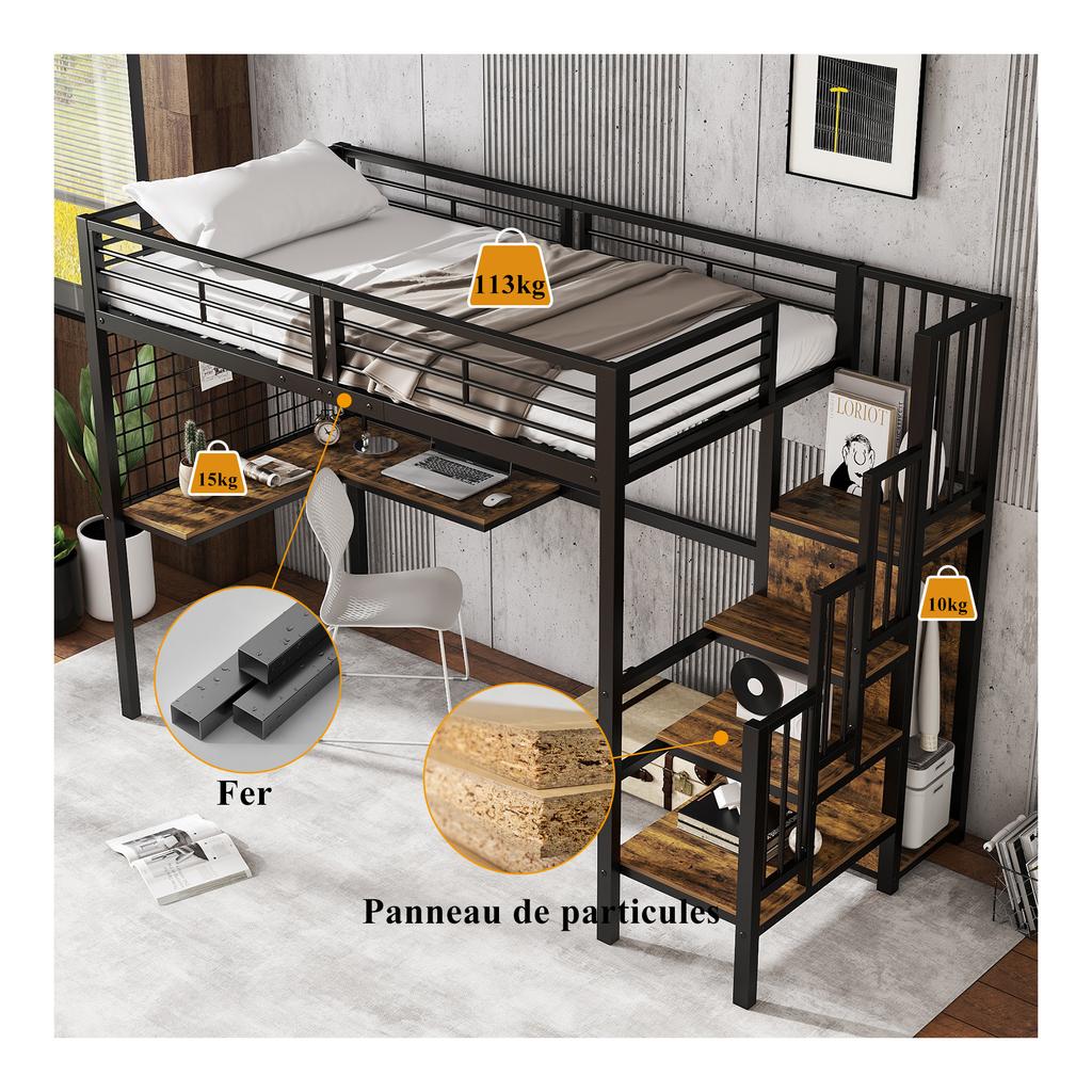 [32552890SAA] Iron Bed, Bunk Bed, Loft Bed, with Desk and Wardrobe, Side Ladder with Handrail, Iron+Chipboard, Black+Dark Wood Color, 90x200cm