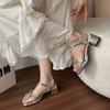 High heel thick heel sandals women's summer 2025 new square head open toe word with bow Internet celebrity popular shoes