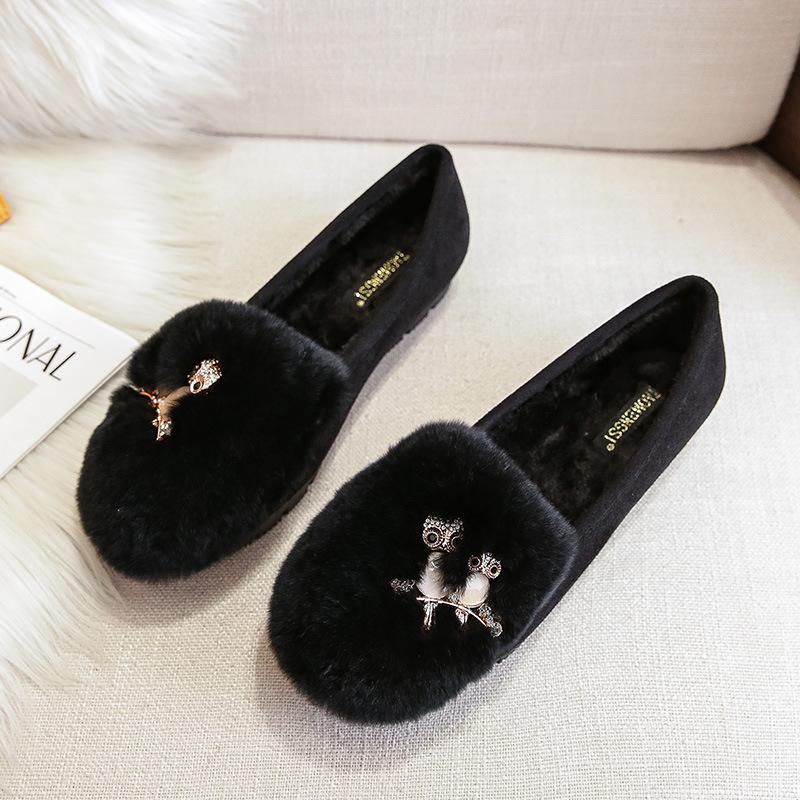Fashion Big Size 34-43 Pom-Pom Rabbit Fur Shoes Women Owl Stone Moccasins Winter Plush Warm Boots Ladies Wool Flats Femme Cotton Loafers