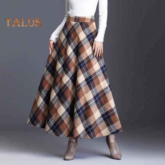 Damen Wollrock mit hoher Taille und Karomuster, A-Linien-Rock, Herbst/Winter, verdickter Rock mit großem Saum, für den Alltag