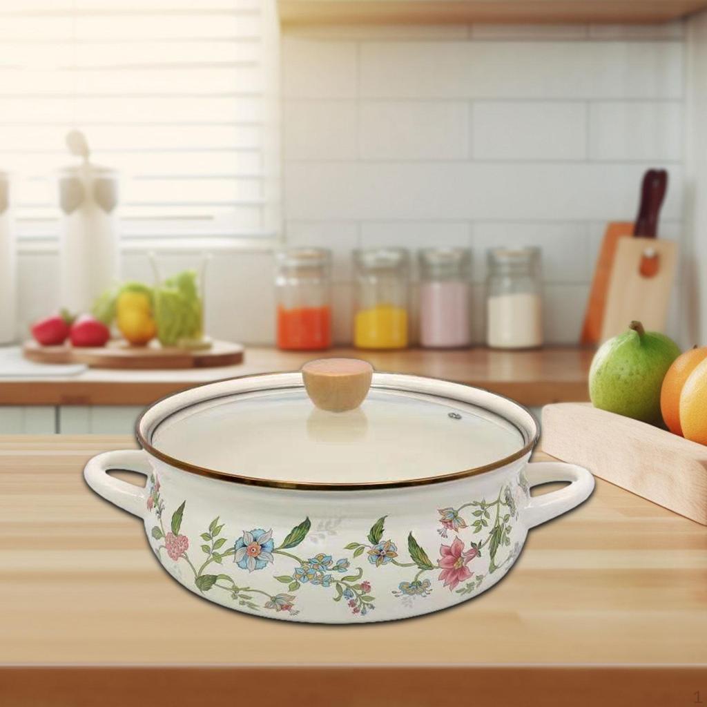 Emaljegryte med lokk Matlaging Tykke Kok Vintage kokekar Håndtak Retro Pasta til