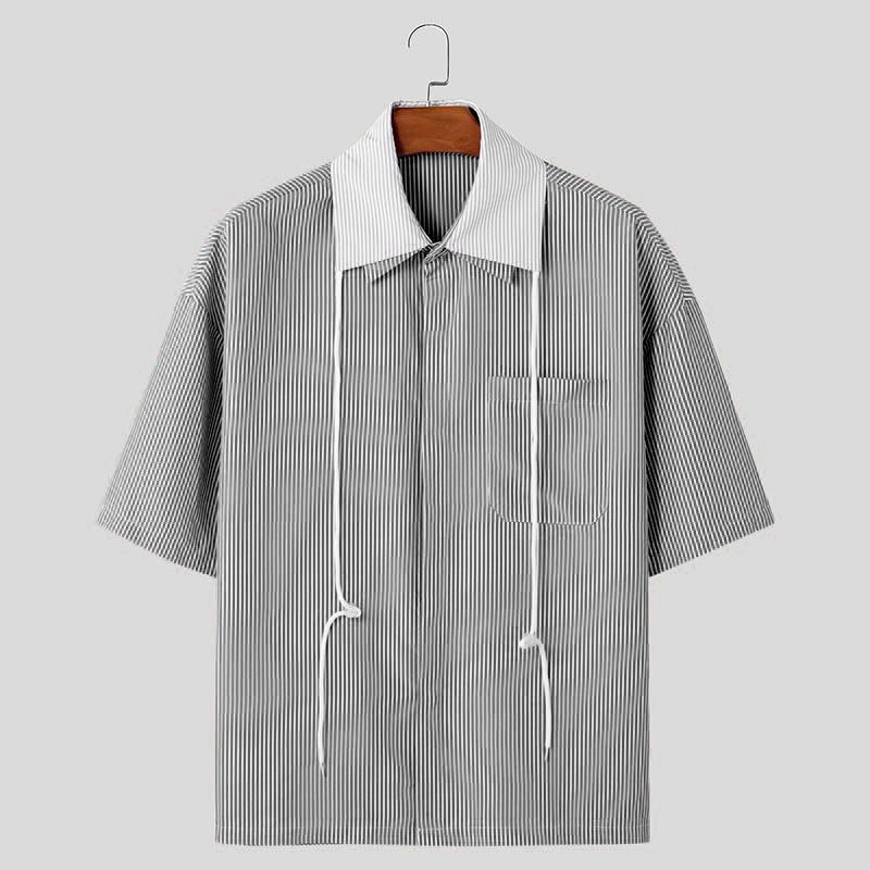 

INCERUN Summer Men Lapel Stitching Short Sleeve Buttons Striped Casual Loose Shirts L