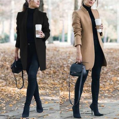 Fashion Women Winter Solid Long Sleeve Jacket Stand-up Collar Faux Wool Coat