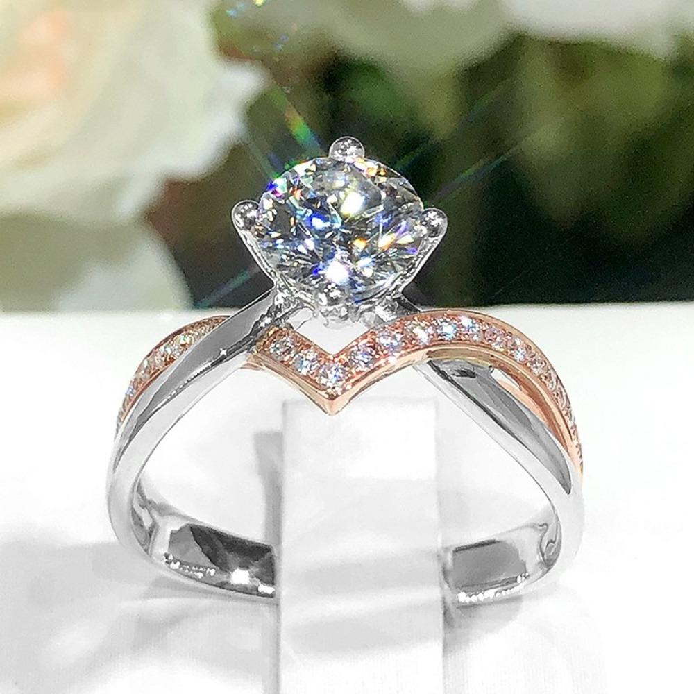 Open Ring V Shape Crown Design PT950 Rose Gold Plated Split Color Fake Moissanite Adjustable Ring for Women Adjustable