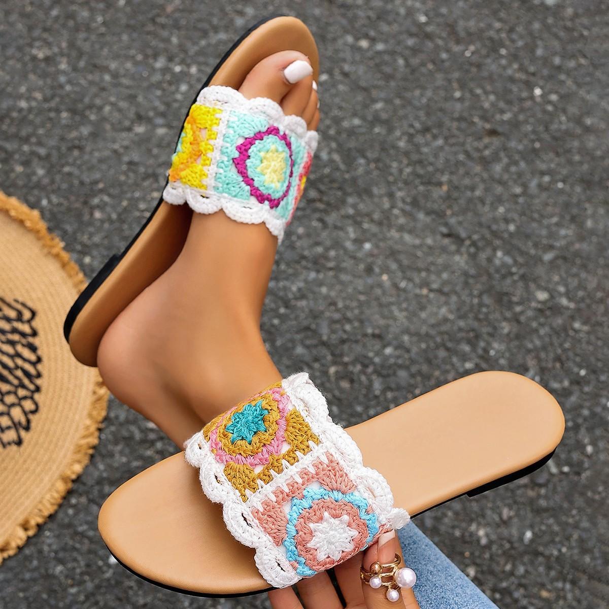 

2024 Летние женские тапочки шерстяные плетеные тапочки с цветочным узором квадратные сандалии с открытым носком на плоской подошве для женщин 36 коричневый