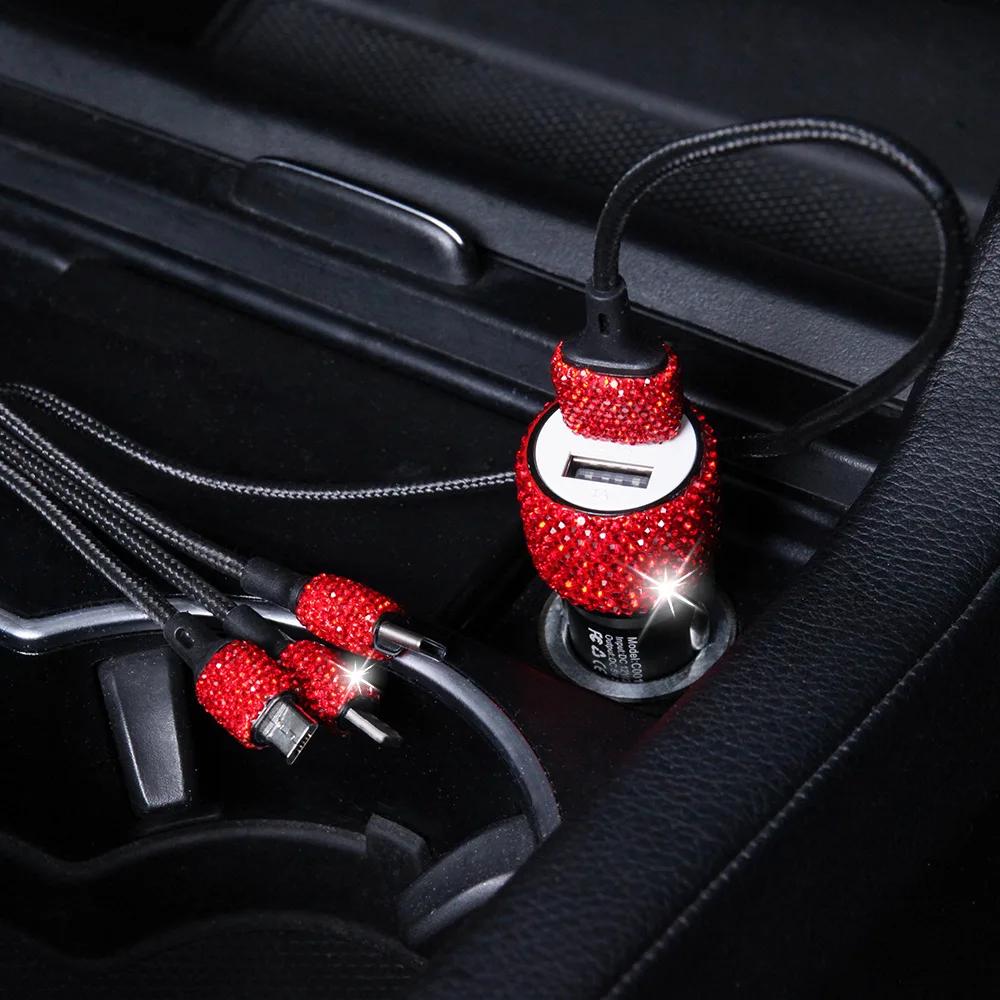 USB Car Charger Pink Crystal Diamond 5V 2.1A Dual Port Fast Charging Adapter 3 in 1 Charging Cable for IPhone Samsung Huawei