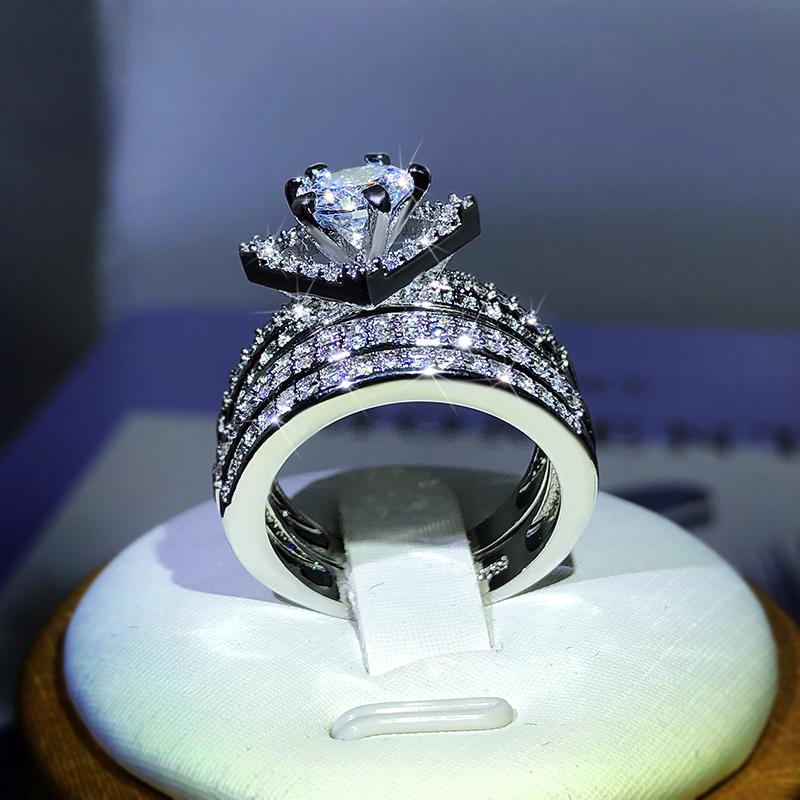 Fashion New Style 925 Silver Geometric Six-Claw White Zircon Three Rows Double Rings Women's Party Cocktail Party Traveling Jewe