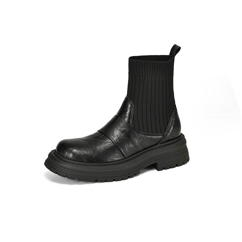 Krazing Pot Microfiber Autumn Winter Shoes Thick High Heels Flat Platform Size 43 Motorcycle Boots Knitwear Ankle Boots