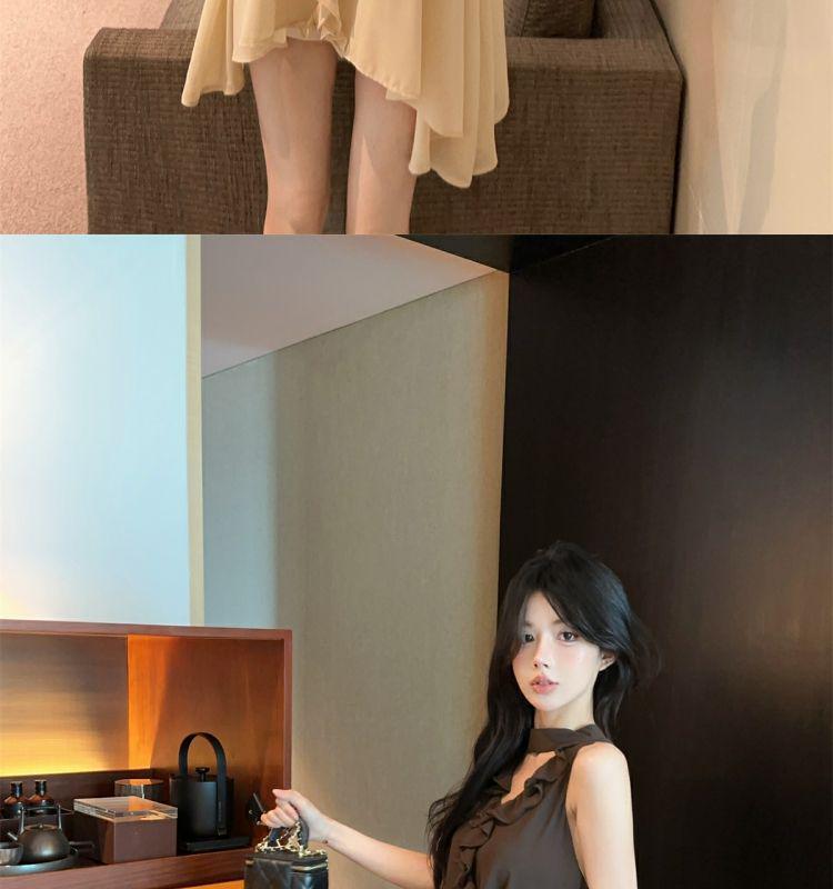 French V-Neck Ruffle Halter Camisole for Women - Sleeveless, Loose, Stylish & Slimming Top