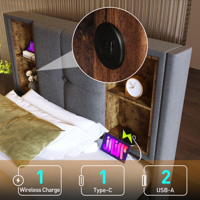 Lit Simple Avec Recharge Sans Fil USB C, Cadre De Lit 90x200cm, Sommier En Panneaux De Coton Gris (avec Matelas)