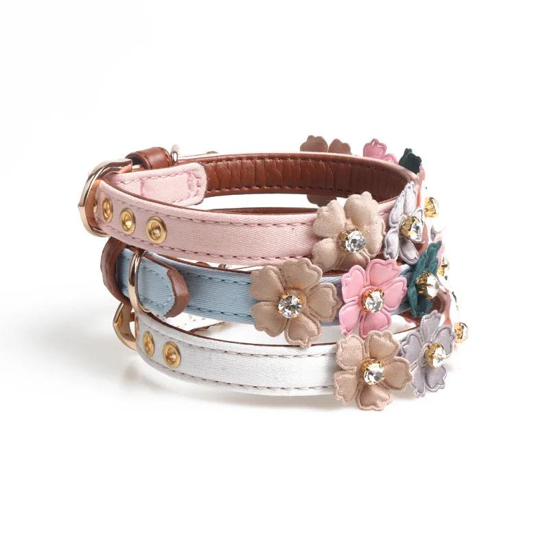 Practical Pet Dog Flower Rhinestone Collar Flower PU Chain Leather Small Medium Chihuahua Pug Cat Dog Collar Home Pet Supplies