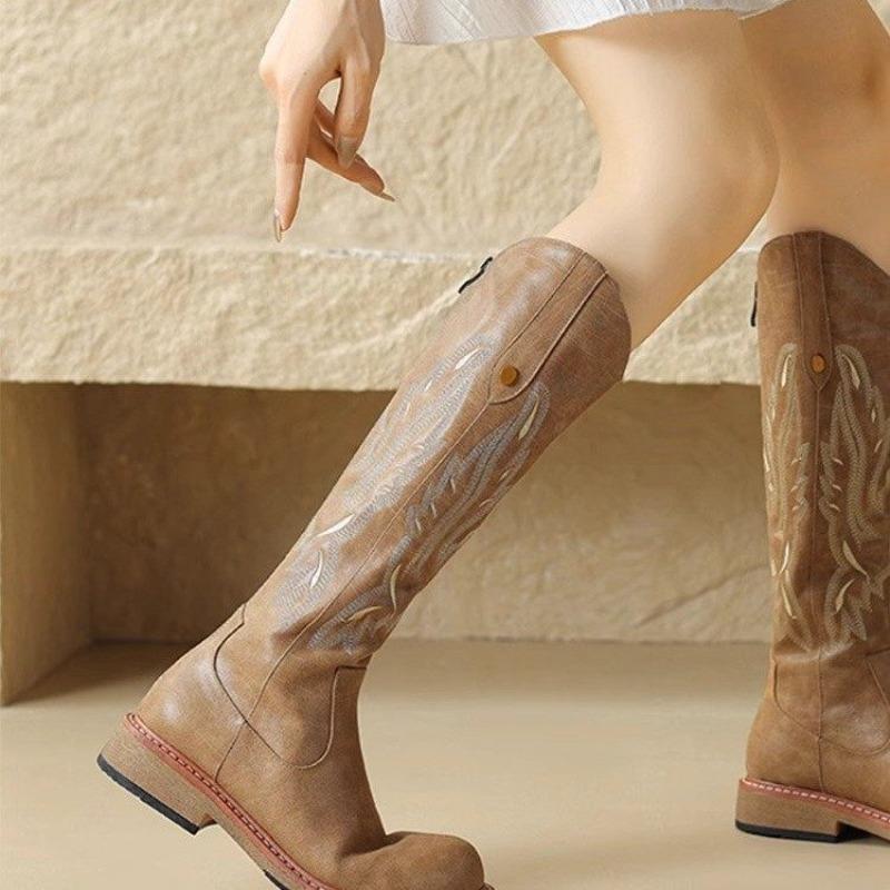 Fashion Women's Shoes Embroidered Western Cowboy Boots Autumn Pointed Toe Thick Heel High Knee Boots Woman Loose PU Leather Botas Mujer