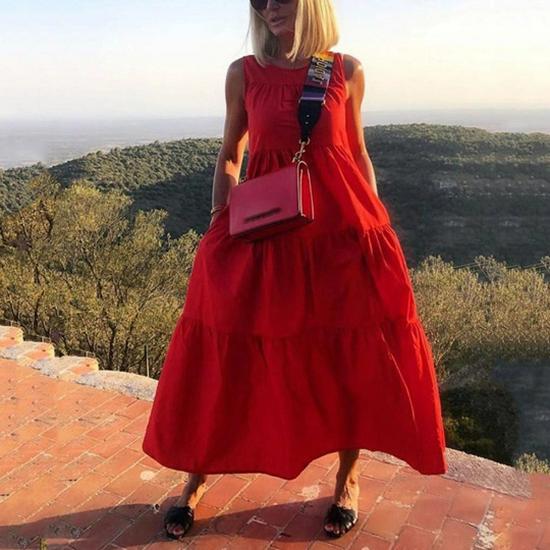 

Casual Beach Long Dress - Green/Red Sleeveless Ruched Patchwork, Round Neck, Slimming Vacation Style XXL червоний