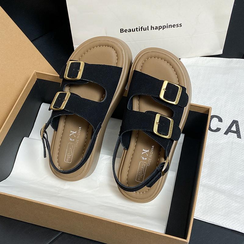 

Женская обувь Плоские женские сандалии Лето 2025 Толстая подошва Удобные Нескользящие Износостойкие сандалии Уличные женские шлепанцы 34 чёрный