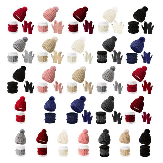 3Pcs/Set Winter Knitted Scarf Gloves Set Pom Pom Ball Fleece Lining Brimless Hat Touchscreen Gloves Neck Warmer Set