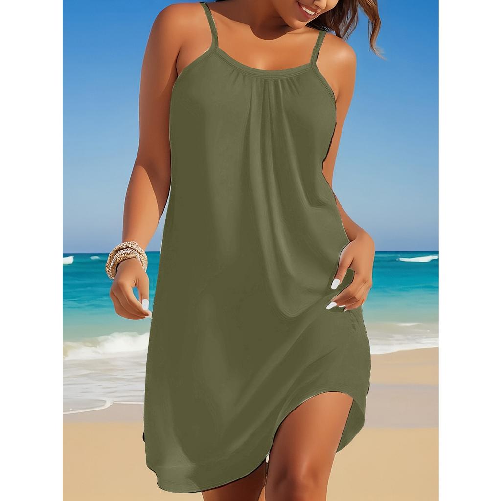 Solid Color Crew Neck Strap Dress, Slim Fit Vacation Beach Dress, Fashion Summer Casual Dress for Women, Hot Selling for Europe America