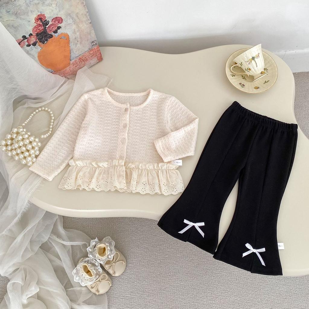 Trendy Baby Girl Lace Spliced Jacquard Cardigan Long Sleeve Knit Coat Stylish Outerwear