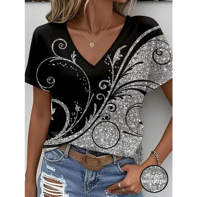 Summer V-neck 3D Flower Themed Pattern Printed Top Fashionable Casual Short Sleeved Women's T-shirts