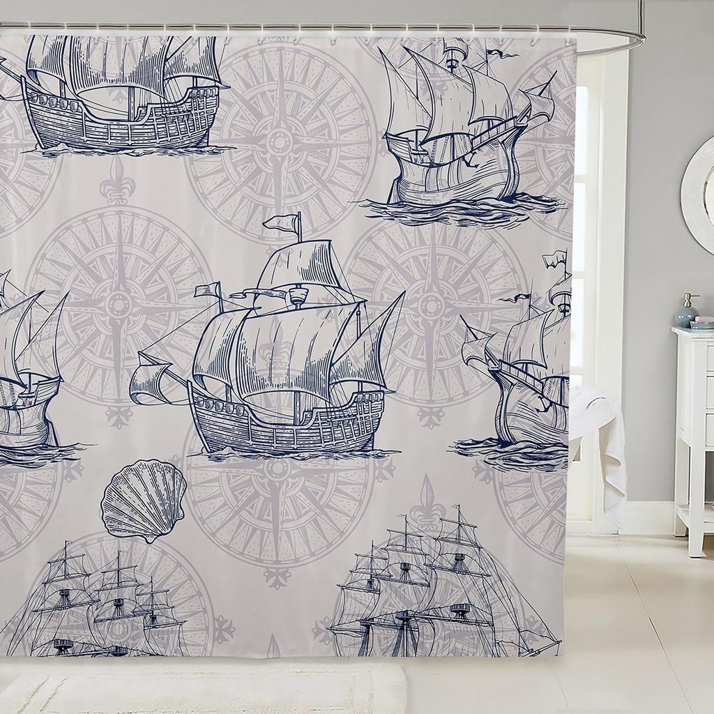Bathroom Wave Shower Curtain Set With Hooks,Sea Ocean Waves Bath Curtain Hand Drawn Style Japanese Illustration Great Wave