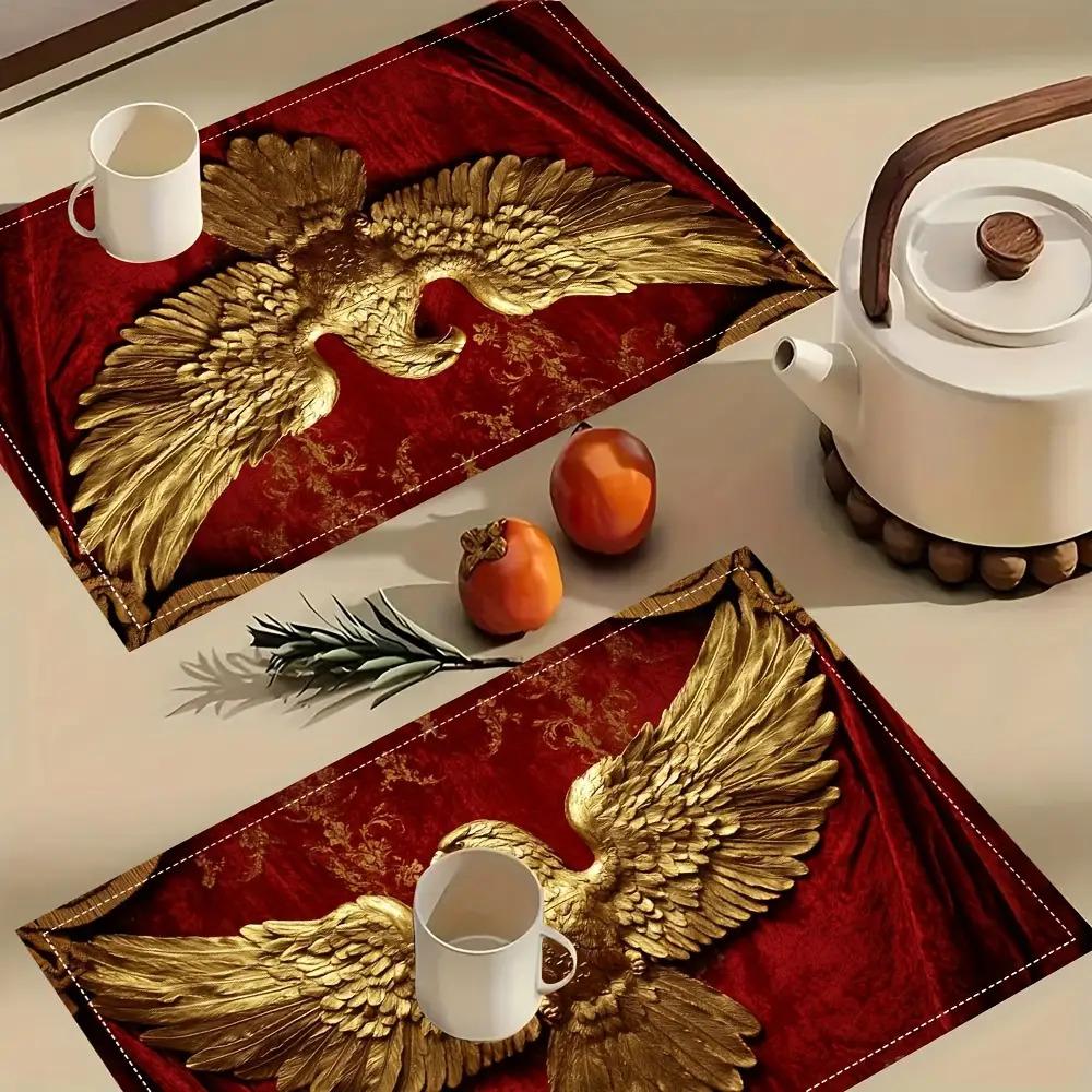 of 4, Golden Imperial Eagle from The Roman Empire on a Red Velvet Tablecloth, Featuring a Stylish Printed Design, Suitable for Dining Tables,