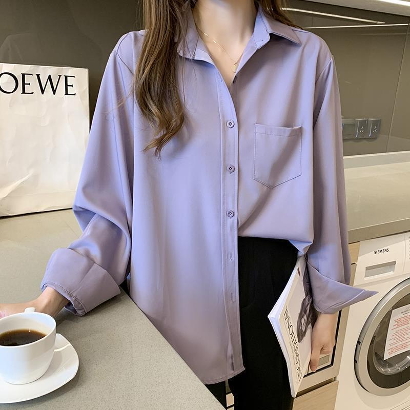 

Women s Purple Shirt Spring Top Design Sense Retro Hong Kong Style Chiffon Long Sleeved Shirt 3XL