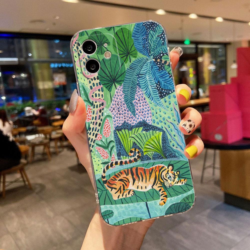 Tropical Jungle Print Leopard Sloth Clear Phone Case For iPhone 15 14 11 12 13 Pro Max Mini XS XR 8 7 Plus Back Cover Soft Cases