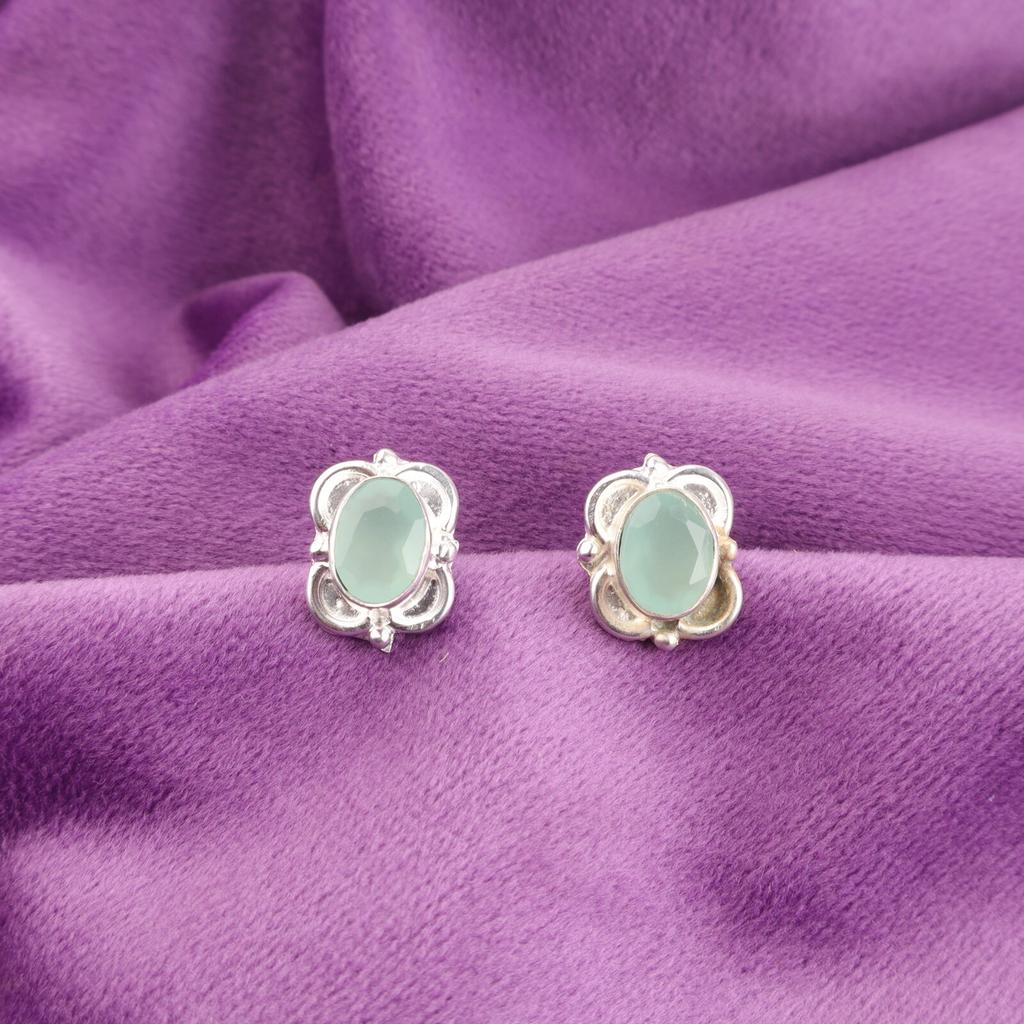 Oval Natural Aqua Chalcedony 925 Silver Stud Post Friend Gift Earrings Jewelry EE-149-5