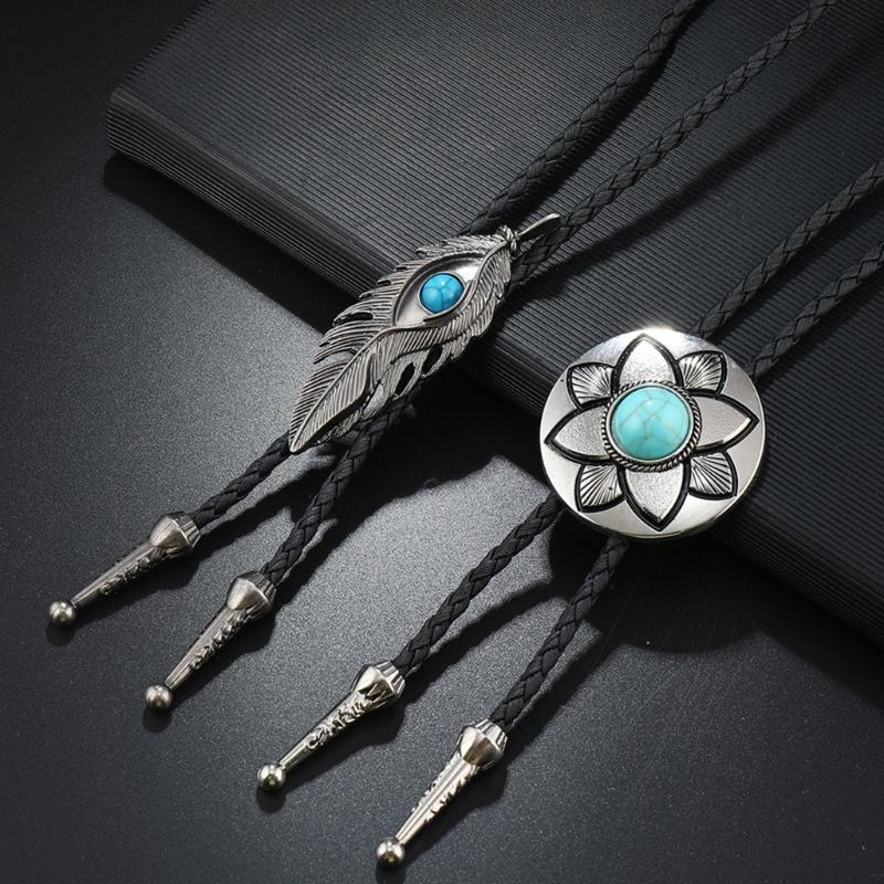 2Pcs Cowboy Bolo Tie Necktie Vintage Leather Braided Rope Necklace with Metal Flower Stone Pendant Jewelry Shirt Chain