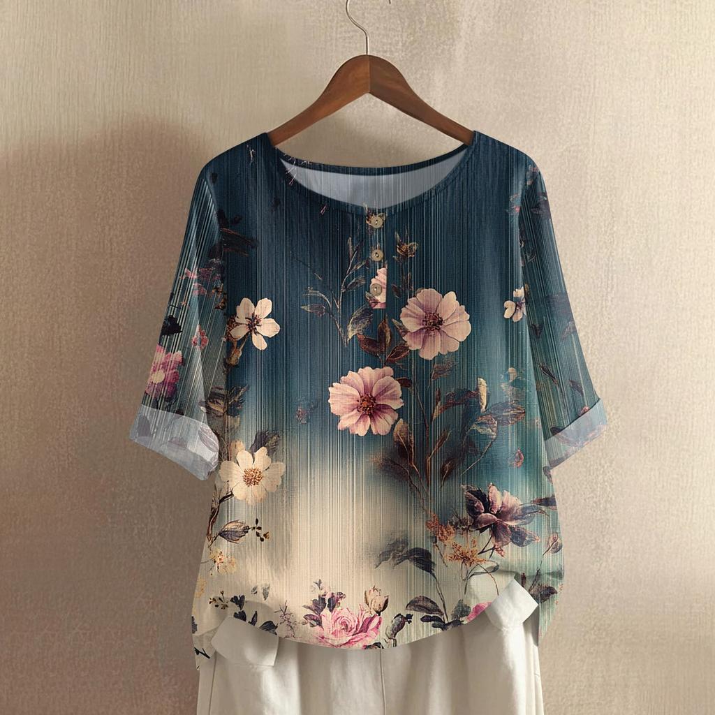 Women's Fashionable And Casual Shirt Half-sleeve Round Neck Print Cotton And Linen Blouse Top