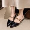 2025 Summer New French Rivet High-heeled Bag Head Half Slippers Women's Pointed Head Cool Slippers Hollow Thick-heeled Slippers