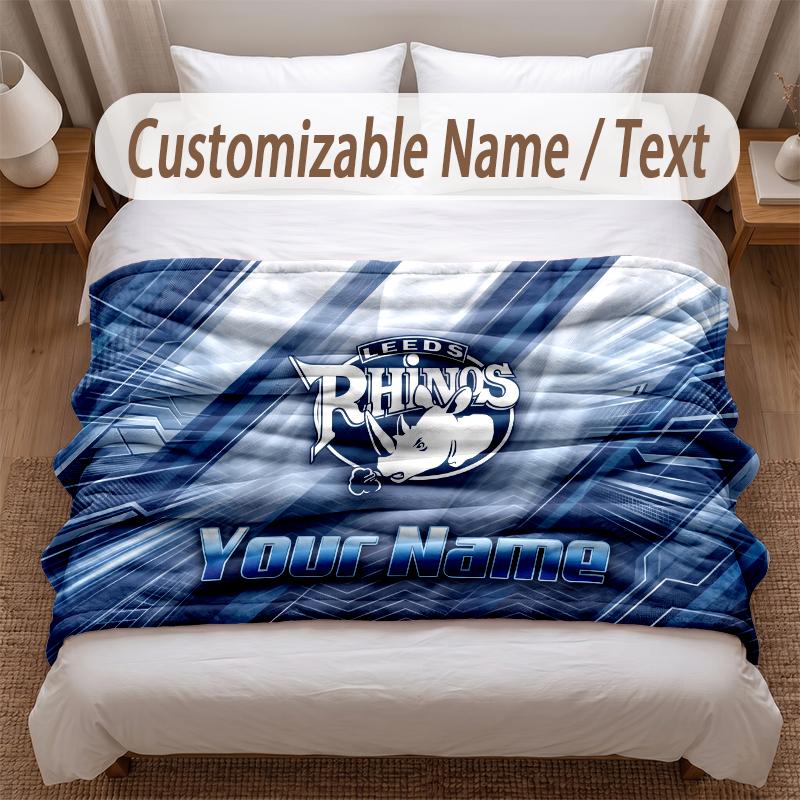 Leeds Rhinos Bedruckte Flanelldecke Benutzerdefinierter Name Text Weiche Warme Decke für Schlafzimmer Feiertagsgeschenk