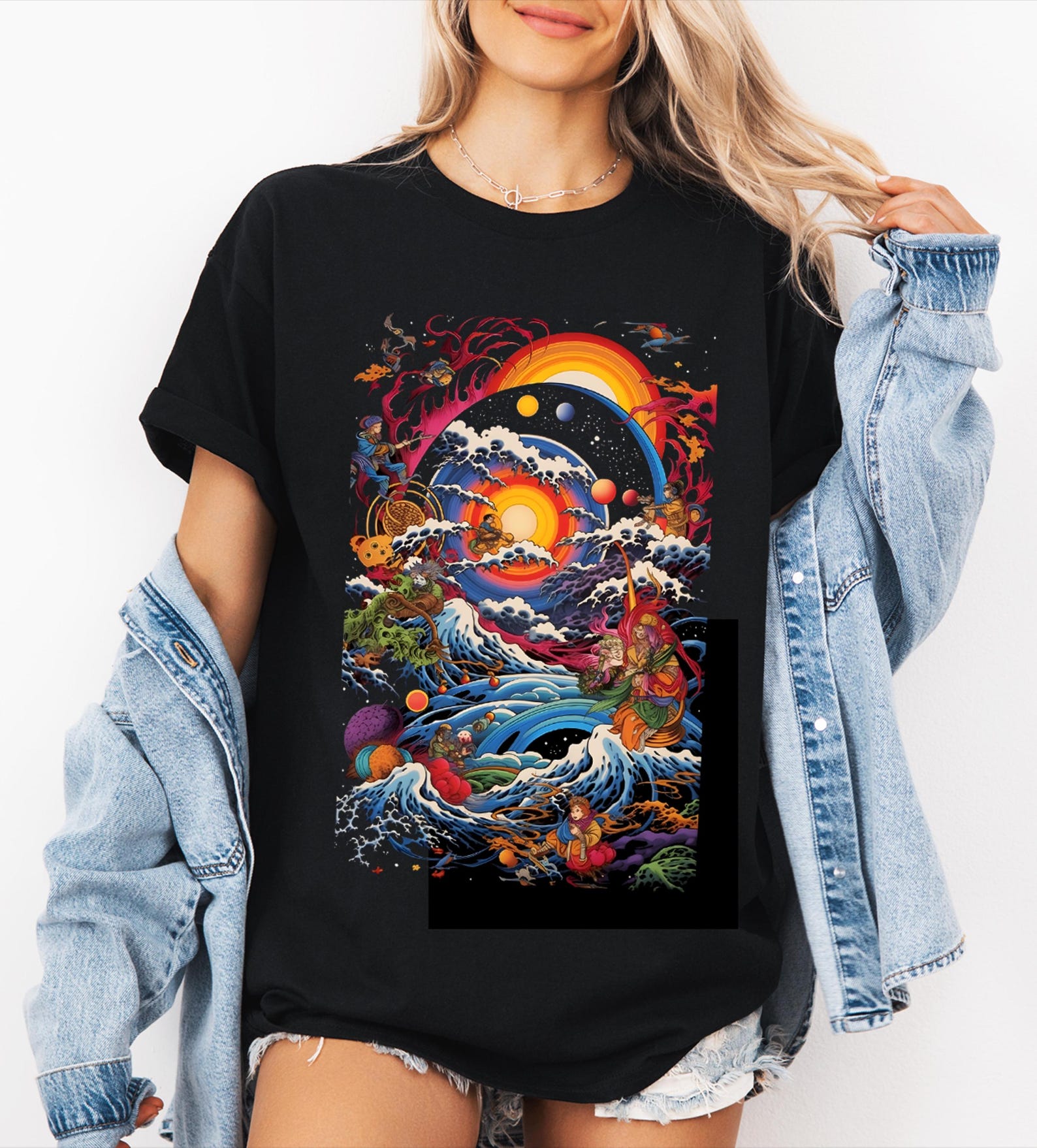 Japanese Celestial T-Shirt: Vintage Cosmic Art Graphic Tee S
