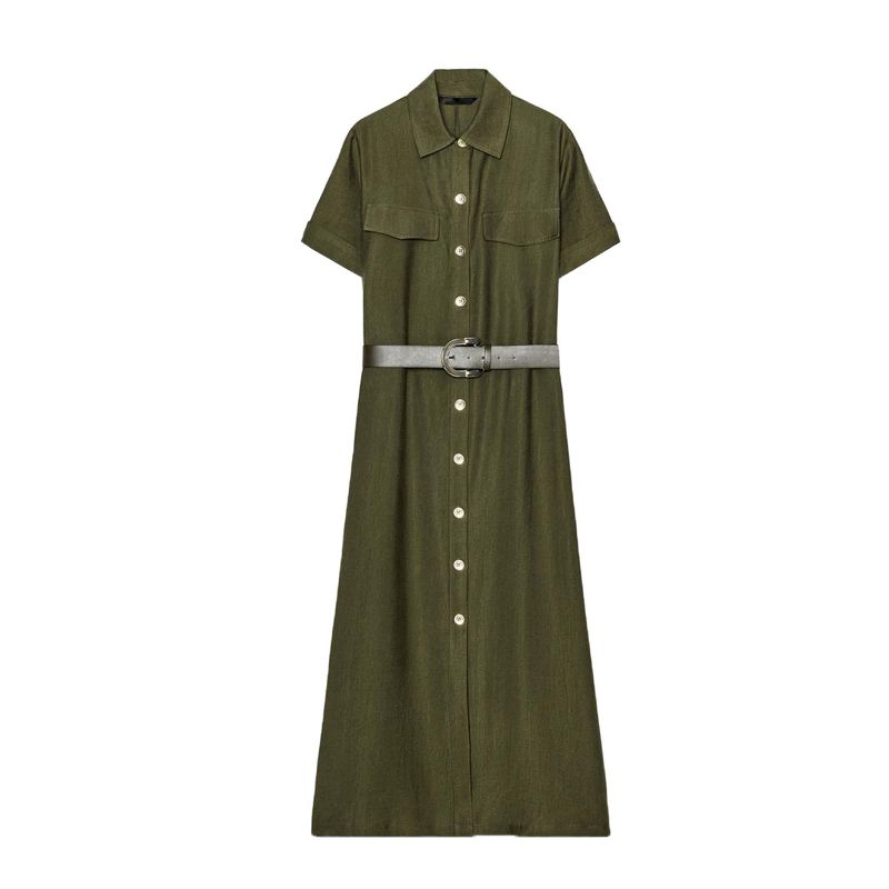 

Spring New Women s Clothing American Style Classic Style with Belt Short Sleeve Lapel Shirt Dress 3897060 Khaki L