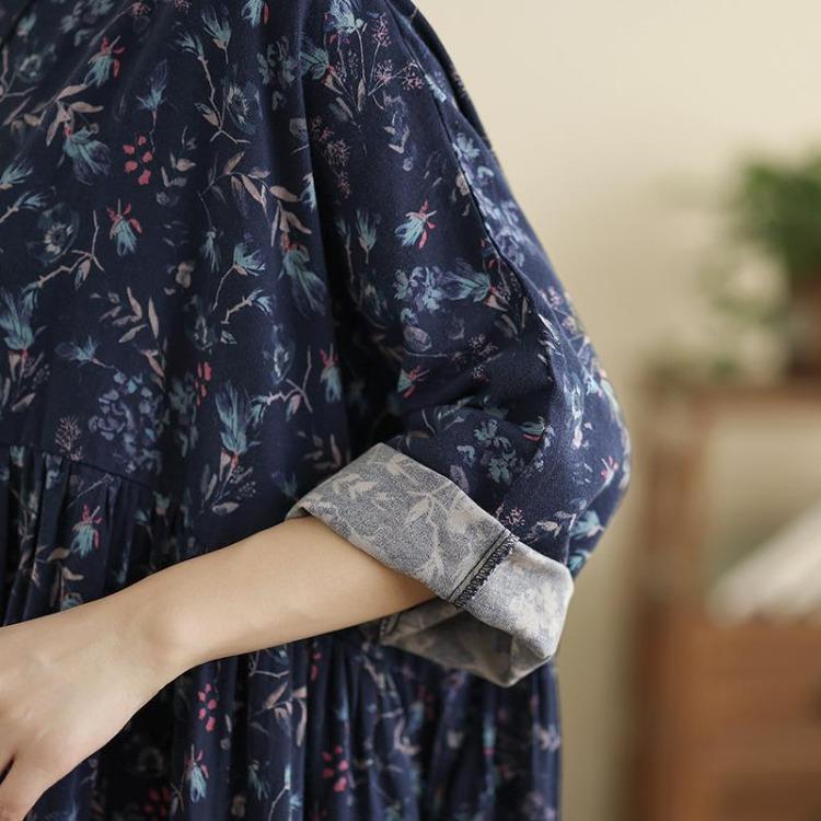 Spring Floral Print Vintage Maxi Dress Long Sleeve Loose Oversize Casual Basic Long Dress for Women Plus Size