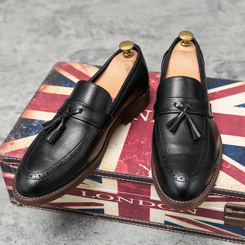 Fashion English Style Brown Leather Shoes Men's Loafers Retro Tassel Leather Shoes Brown Classic Business Office Dress Loafers Big Size