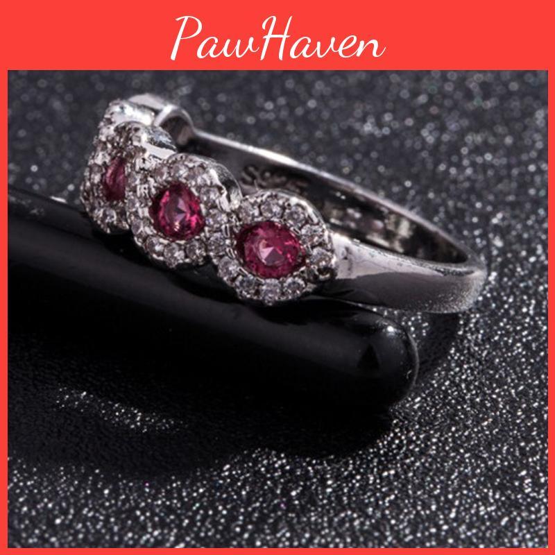 Elegant Ruby Right Hand Ring With Silver Eternal Bridal Wedding Band
