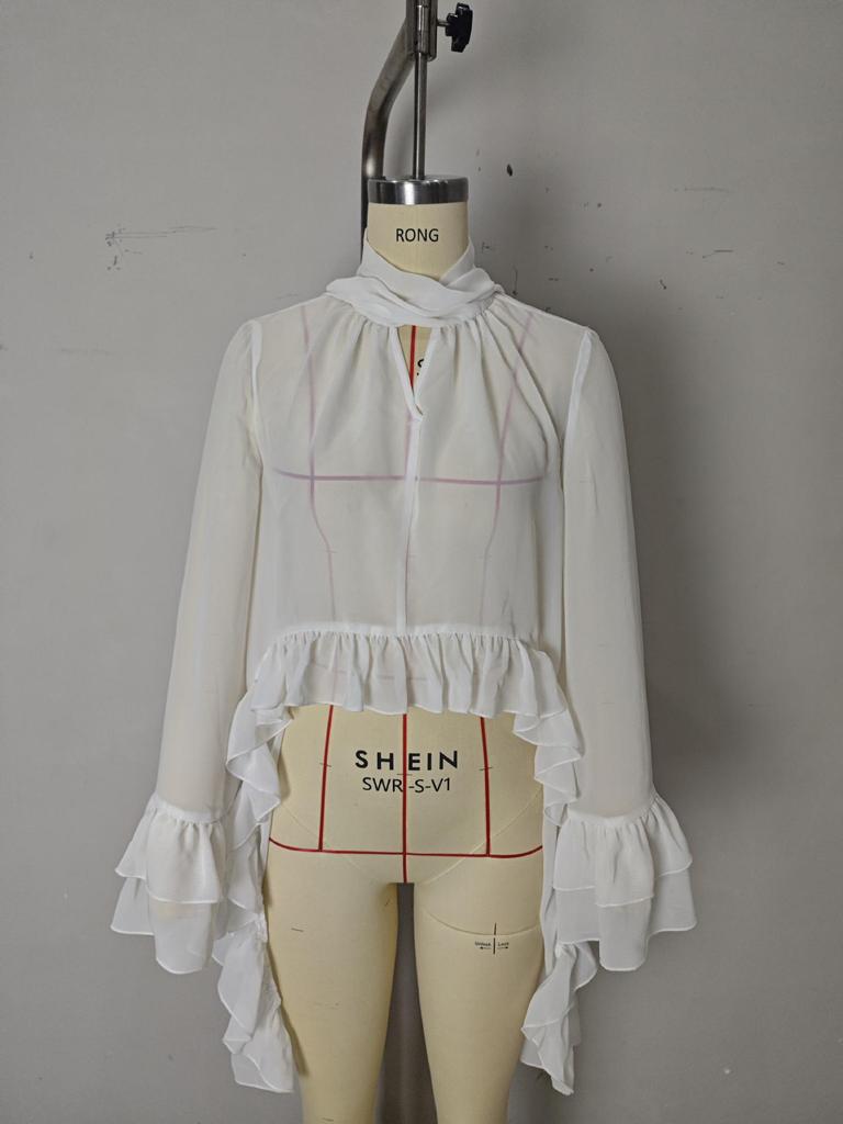 Sexy Träger-Durchsicht-Umhang-Oberteil im europäischen & amerikanischen Stil mit Rüschen-Langarm - Damen Sommer-Überwurf-Top