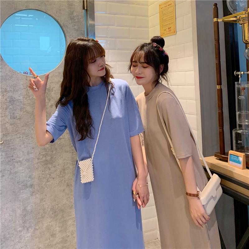 Casual Korean Style Over-the-Knee Slit Nightdress - Women's College Loose Fit Slimming T-shirt