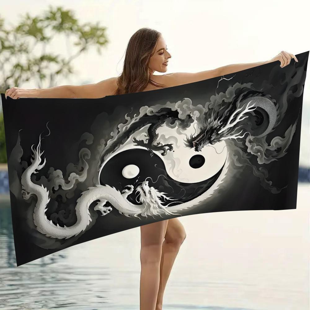 1pz Asciugamano da Spiaggia Sportivo Stile Cinese Tai Chi con Stampa Drago Bianco e Nero, Morbido, Assorbente, Asciugatura Rapida, Adatto per