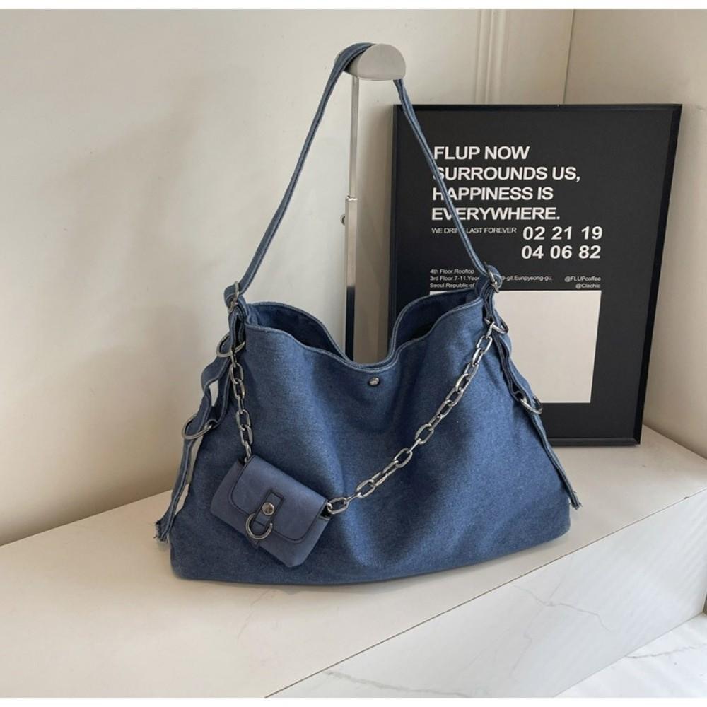 Large Capacity Women's Chain Crossbody Bag Korean Style Satchel Bag Denim Shoulder Bag Travel