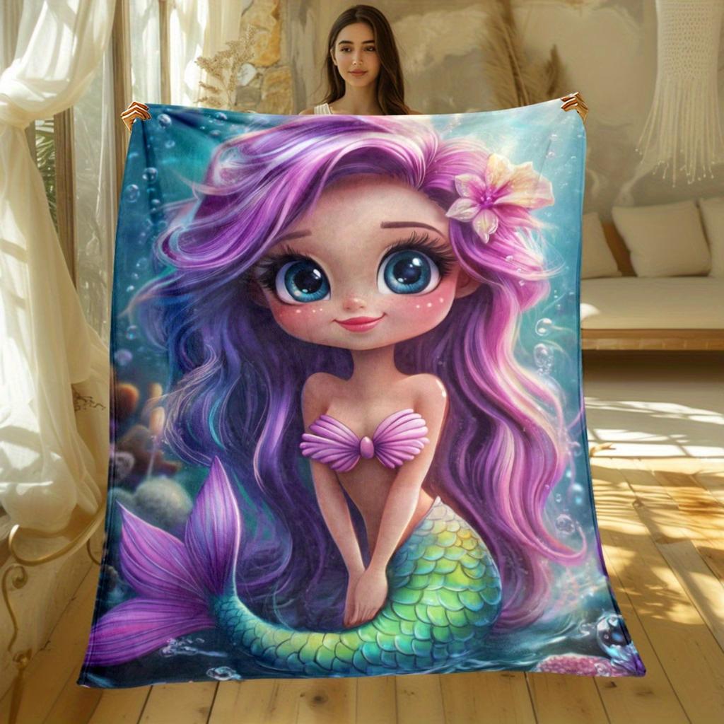 1pc Purple hair mermaid underwater fantasy flannel blanket soft plush blanket for girls cartoon sea creature bedding