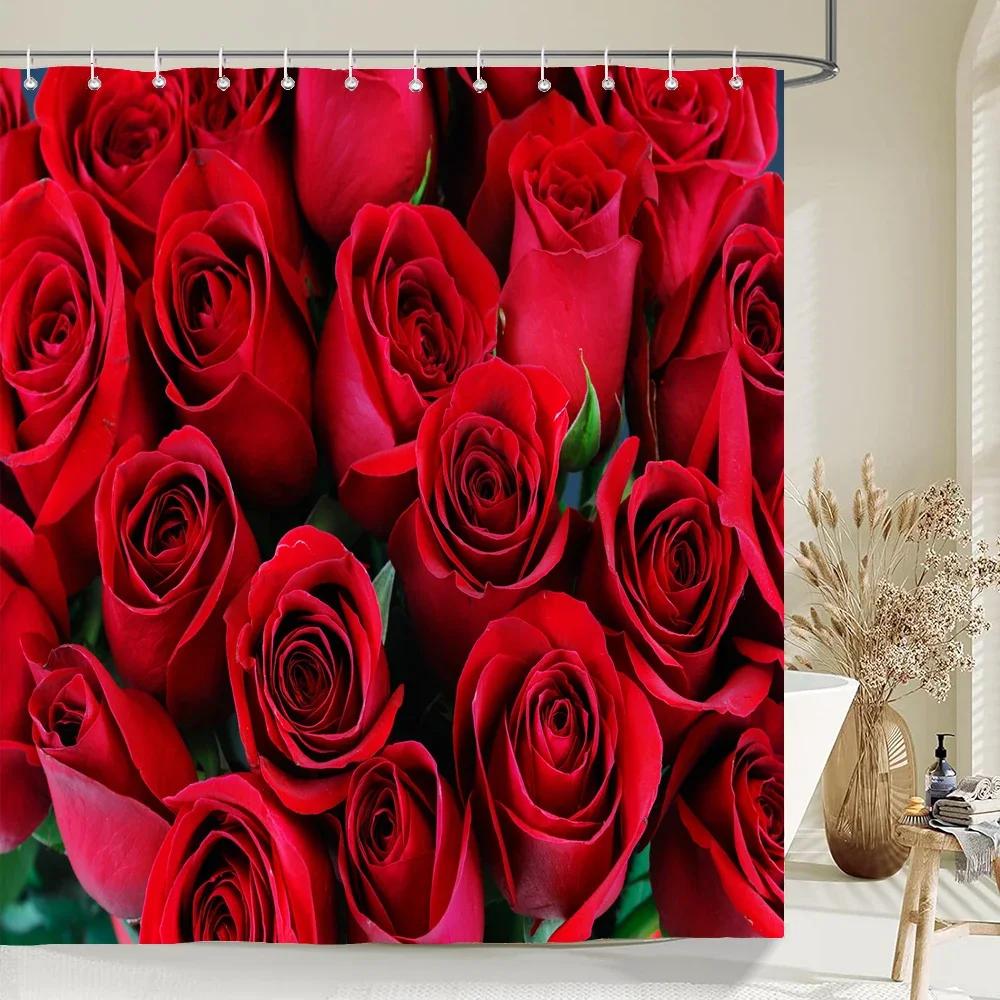 Rurality Fresh Flowers Wall Shower Curtains Bathroom Shower Curtain 3D Fabric Bath Curtain With Hooks Waterproof Bath Screen