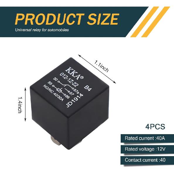 Pack-4 Car 5 Pin 12V 40A Relay, Waterproof Flame Retardant Shell Starting DC Relay, Built-in Pure Copper Coil Multi-Purpose Plug and Play Modified