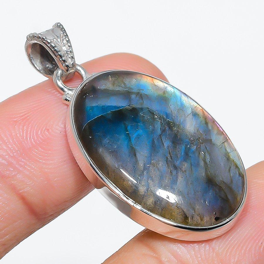 Natural Labradorite Gemstone 925 Solid Sterling Silver Gift Pendant 1.50" h6V31