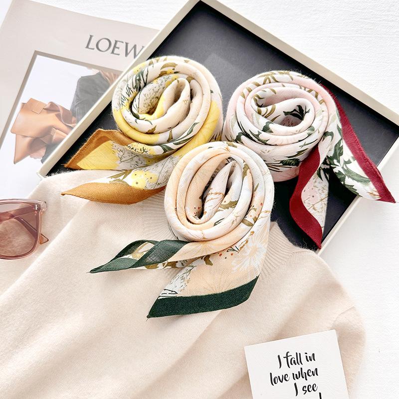 Retro literature and art niche Japanese and Korean flower printing square scarf 68 herringbone pattern women's professional wear elegant temperament 