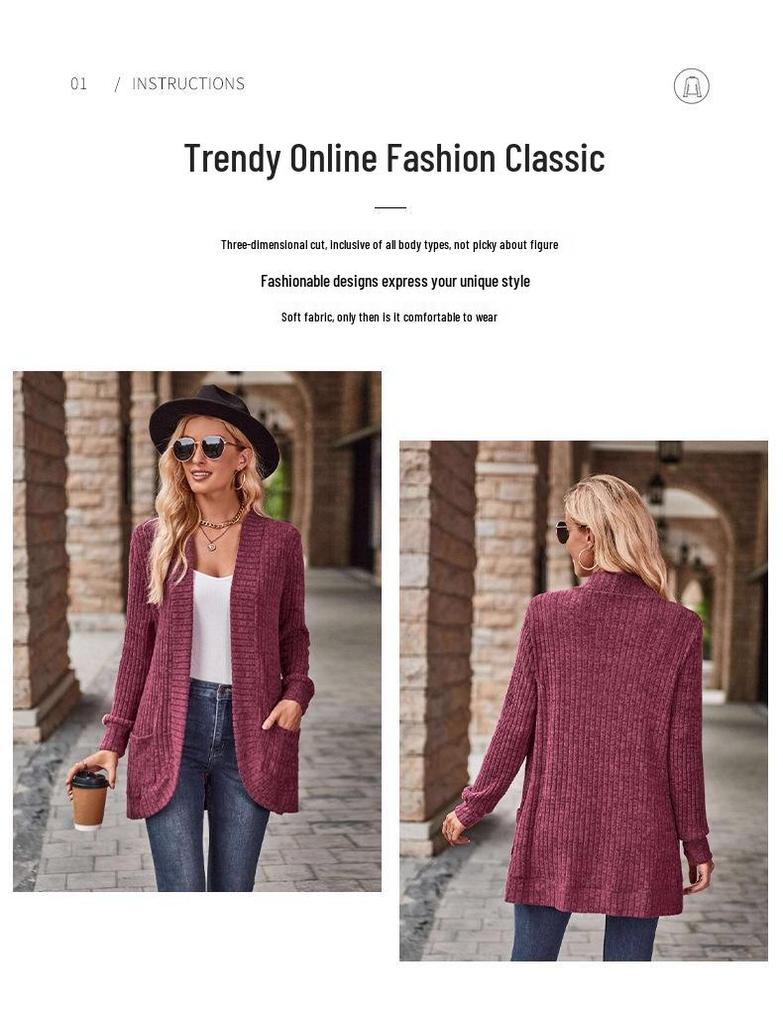 2025 Spring/Autumn Solid Color Ribbed Knit Cardigan Jacket