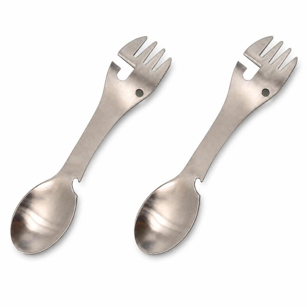 2 Pack Durable 5-in-1 Camping Spoon Fork Bottle Opener Matte Silver Outdoor Cutlery Multifunctional Picnic Utensil Travel