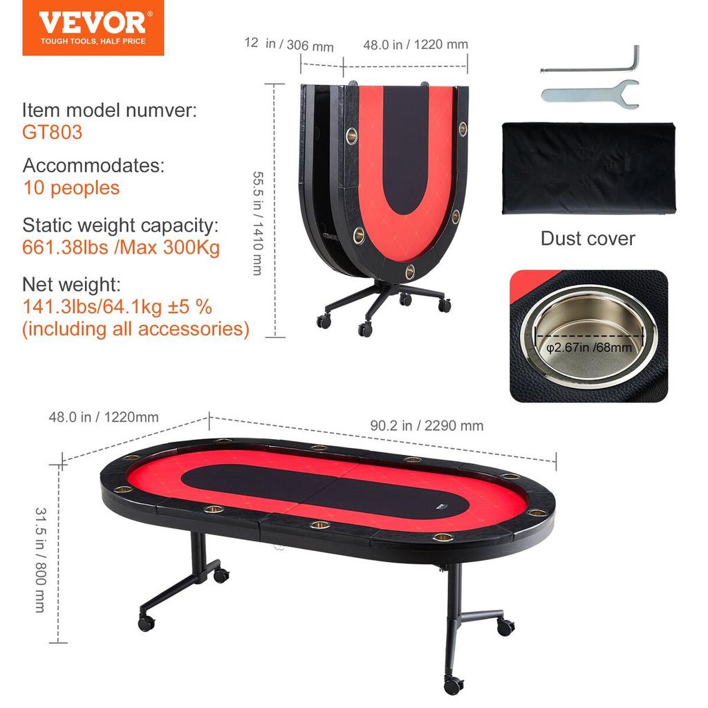 10 Player Foldable Poker Table, Blackjack Texas Holdem Poker Table with Padded Rails and Stainless Steel Cup Holders, Portable Folding Card Board Game