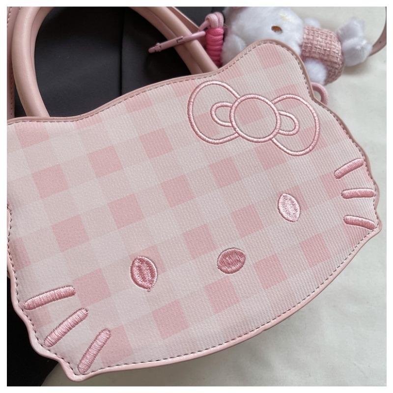 Miniso Fashionable Women's Shoulder Bag Plaid Pattern Women's Shoulder Bag with Pink KT Cat Pendant