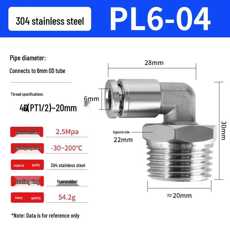 304 Stainless Steel Pneumatic Quick Push-in Connector, PC16-06/PC8-02 Swivel Elbow, PL6-M5/04